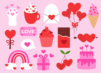 Valentine Day elements. Rainbow, Envelope, Cherry, Cake, Chocolate, cupcake, Balloons, Cat Paw, Gift box, Coffee Cup. Vector flat illustration.