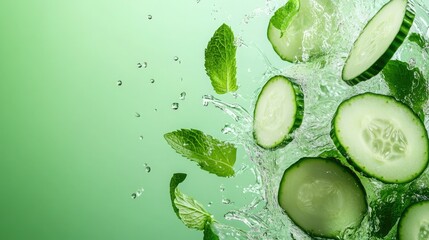 Fresh cucumber slices and mint leaves splash into cool water creating refreshing droplets in a vibrant setting