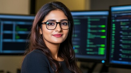 Indian woman works at computer programming with multiple screens displaying code in a modern office setting