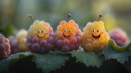 Cheerful, frosty grapes with smiling faces on a vine.