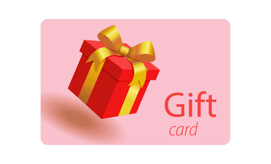 Vector Gift Card and Blank Gift Certificate with red gift box Silk Ribbon and gold Satin Bow . Greeting or Sale Card, Isolated. Birthday, Christmas, Party Gifts, Invitation 