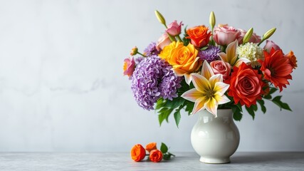 A vibrant bouquet of flowers arranged in a white vase, showcasing a delightful blend of colors and textures.