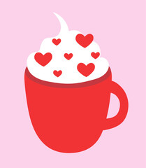 Red Valentine Day cup with whipped cream, and hearts sprinkles. Drink element. Vector flat illustration.