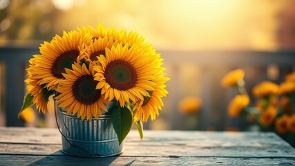 Sunlit Bouquet of Golden Sunflowers in a Rustic Metal Vase on a Weathered Wooden Table