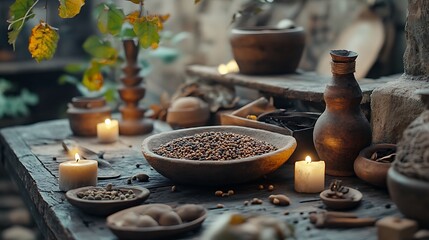 Fototapeta premium A traditional herbalist's workspace with lotus seeds and leaves as central ingredients, paired with aged tools, rustic pottery, and a candlelit ambiance, rich textures and soft earthy tones,