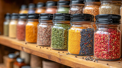 Assorted colorful spices, seeds, and seasonings in matching glass jars with cork tops, arranged neatly on a rustic wooden shelf