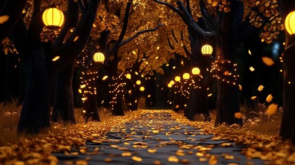 Serene dreamlike autumn path through a glowing forest with golden leaves gently falling to the ground, filling the air with a faint magical hum. A peaceful, enchanting natural landscape.