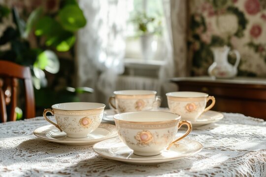 vintage tea party, vintage tea set on lace tablecloth in a sunlit parlor with floral wallpaper, creating an elegant atmosphere