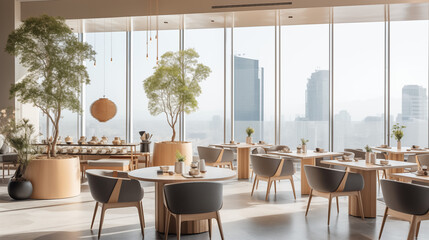 Obraz premium An interior rendering of a luxurious tea restaurant, designed with large windows offering stunning city views. Featuring light wood furniture and soft pastel colors, embodying tranquility and elegance