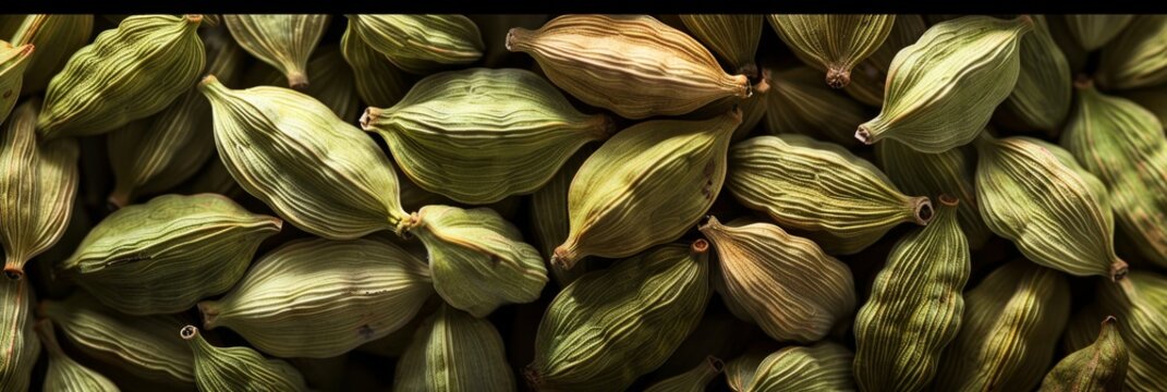 Cardamom texture, green cardamon seeds background, dry kardamon pattern, cardamum spice banner