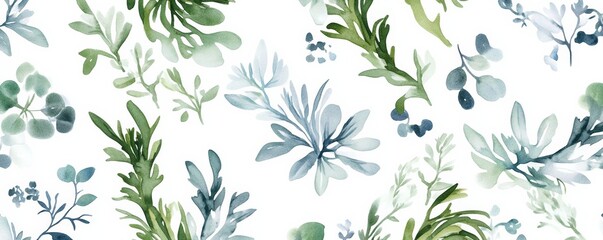 Seamless boho pattern of frosty seaweed salad, soft greens and blues, isolated on white background