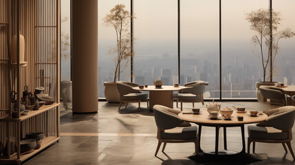 An interior rendering of a luxurious tea restaurant, designed with large windows offering stunning city views. Featuring light wood furniture and soft pastel colors, embodying tranquility and elegance