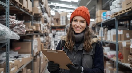 Warehouse worker in winter gear, horizontal, suitable for seasonal employment, logistics operations, retail distribution and winter hiring campaigns