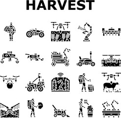 Obraz premium robot harvests automation icons set vector. agriculture technology, innovation efficiency, sustainability precision, ai robot harvests automation glyph pictogram Illustrations