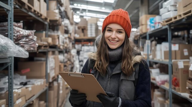 Warehouse worker in winter gear, horizontal, suitable for seasonal employment, logistics operations, retail distribution and winter hiring campaigns