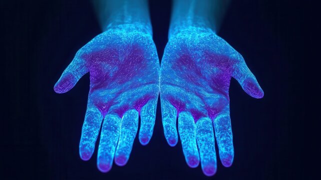 Health warning and guidelines concept. Sterile hands under UV light with hygiene guidelines visualized, handwashing awareness concept