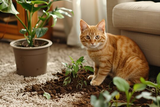 Ginger cat near indoor plants with soil mess. Pet gardening trouble concept