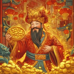 Generative AI Celebrates Cai Shen God of Wealth in Lunar New Year Red Packet Gift Scene