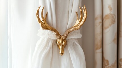 Gold deer antler curtain tieback on white curtains.
