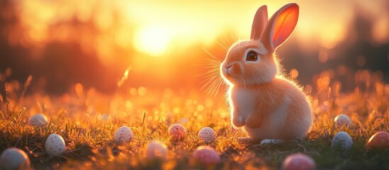 Cute bunny rabbit in sunset field with Easter eggs.