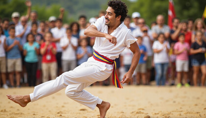 Fototapeta premium Capoeira performer in traditional attire during Brazilian carnival