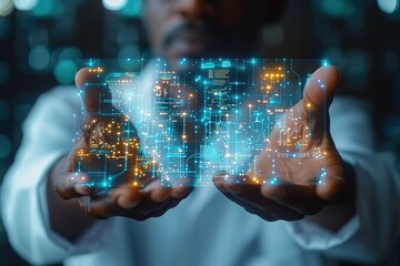 Hands, healthcare or futuristic 3d hologram overlay for wellness, life insurance in hospital clinic Zoom, black man or medical abstract for future medicine innovation or global digital development