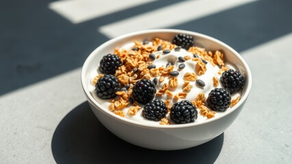 A white bowl filled with creamy yogurt, topped with crunchy granola and plump blackberries, bathed in warm sunlight.