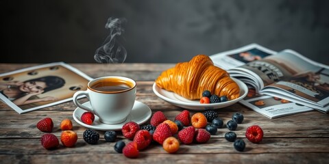 Fototapeta premium A steaming cup of coffee accompanied by a fresh croissant and scattered berries, a perfect start to the day.