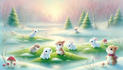 Fototapeta premium Five Cute Animals Frolicking in a Whimsical Late-Winter Landscape with Melting Snow and Enchanting Glow