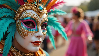 Vibrant feathered carnival mask with gemstones and dancers in motion