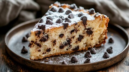 A slice of crazy cake with powdered sugar and chocolate chips, served on a rustic tin plate