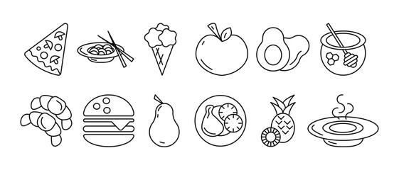 Delicious variety of food icons featuring pizza, ice cream, fruits, and more suitable for menus or culinary designs