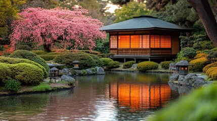 Obraz premium Serene Japanese garden at sunset, featuring a traditional teahouse, blossoming cherry tree, pond, and stone lanterns.