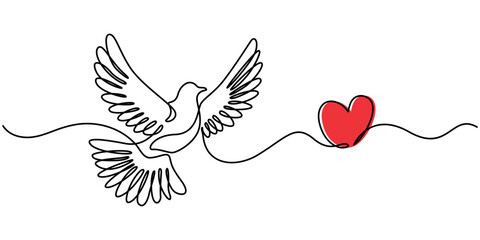 Couple of dove with love one continous line vector illustration, valentines day element design, Bird flying with heart in continuous line art drawing. One outline of dove animal. Vector illustration.