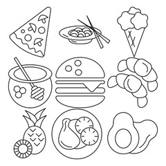 Collection of food icons including pizza, ice cream, and sushi for creative project use