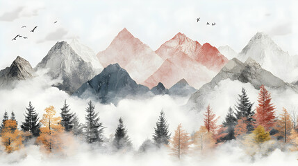 Misty Mountain Peaks, An Autumnal Watercolor Landscape Illustration
