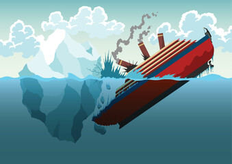 Shipwreck iceberg background. Transatlantic container ship crashed into an iceberg. Cartoon vector illustration upper and lower part of the sea