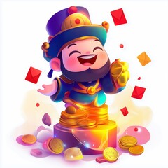 Cai Shen Brings Wealth and Luck Lunar New Year Celebration Cartoon Illustration Festive Environment Generative AI