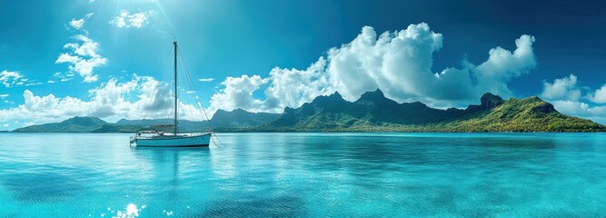 Obraz premium Tranquil Sailboat in a Tropical Paradise: A Breathtaking View of Turquoise Waters and Lush Mountains