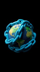  The 3D plastic blue chain wrapped around the Earth, a solid black background.