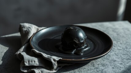 Fototapeta premium A solitary black ice cream scoop sits on a black plate, melting into a pool of dark chocolate, casting an ominous shadow on the textured surface.