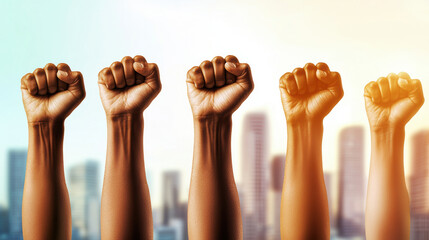 Powerful image of raised fists symbolizing unity and strength in cityscape