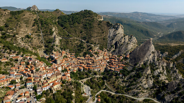 Aerial view of Castelmezzano, in the province of Potenza, Basilicata, Italy. It is a small town built on a mountain in the Dolomiti Lucane park.