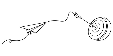 target and arrow with paper plane continuous one line drawing, Target continuous line drawing with color shapes, Paper plane icon isolated on white, Single line drawing of paper plane, Target.