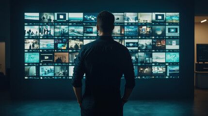 man stands in front of wall of screens displaying various images, creating captivating atmosphere