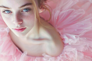 Generative AI Closeup of Young Ballerina in Pink Tulle with Captivating Blue Eyes