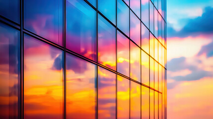 modern glass skyscraper reflecting vibrant sunset with colorful clouds