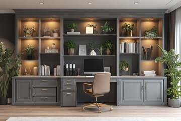 Modern home office with built-in gray desk and bookcase, featuring plants and gold accents.