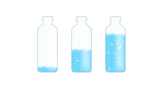 3 Water Bottles filled differently, Daily Water Consumption Rate concept animation, 2D on white background