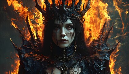 Dark queen art. Close-up portrait of a beautiful gothic woman in the fire. Halloween theme.